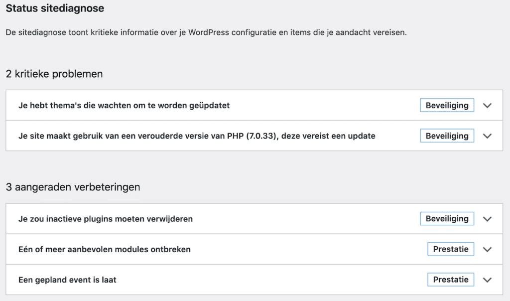 Voorbeeld WordPress Sitediagnose